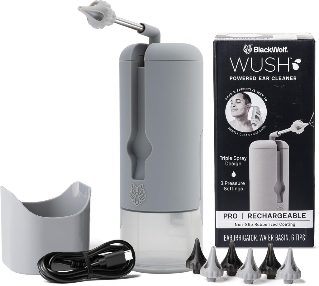 Wush Pro van Black Wolf - De originele Deluxe water aangedreven oorreiniger met 6 Herbruikbare vervangende tips van Black Wolf - Veilig & effectief voor oor Wax Buildup - Elektrische oor Wax Removal Kit (Grey)