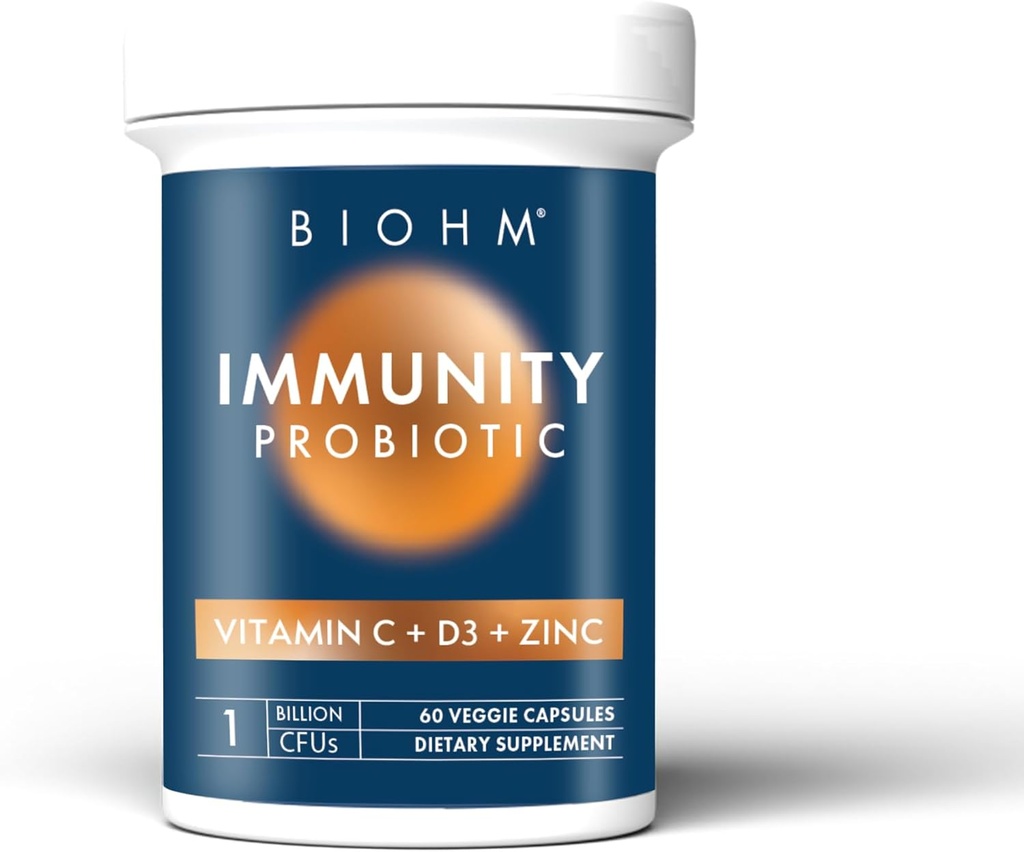BIOHM Immunity Probiotic with Vitamin C, D3 & Zinc, 1 Billion CFU (60 Capsules) Daily Probiotics for Women & Men, Digestive Health & Immune Support, Vegan, Gluten-Free and Non-GMO
