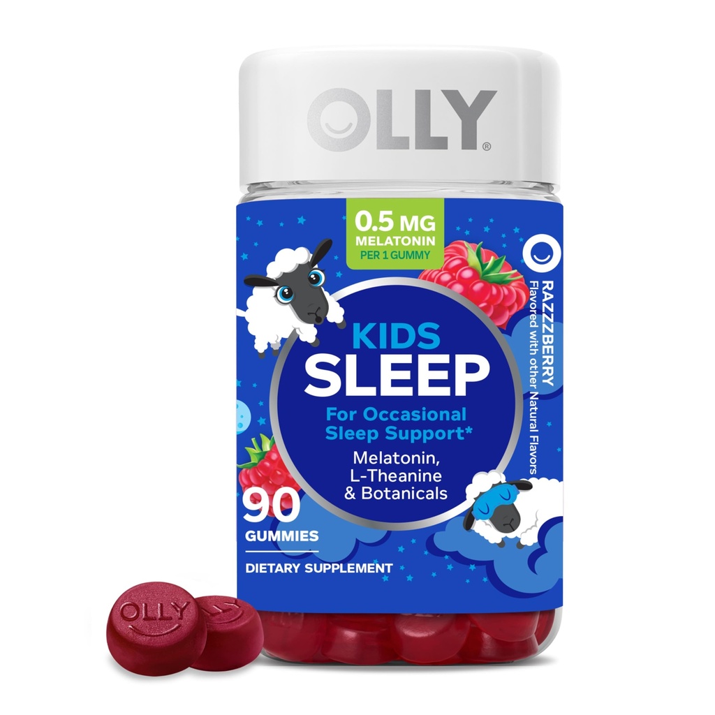 OLLY Kids Slapen Gummy, Occasional Slaap Ondersteuning, 0.5mg Melatonine, L Theanine, Kamille, en Citroen Balsem Extracten, Kinderen Kauwbare Supplement, Raspberry Flavor - 90 Tellen
