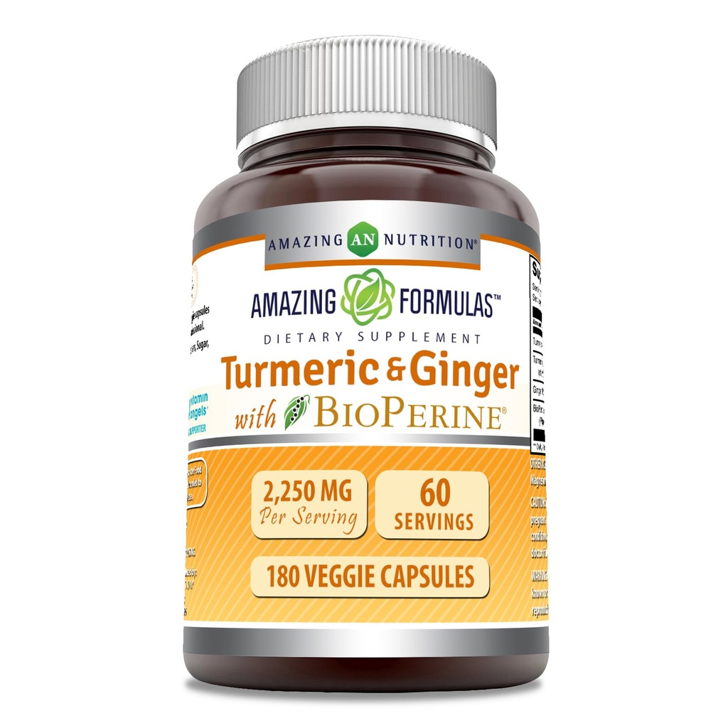 Verbazingwekkende Formules Kurkuma Curcumin & Gember met BioPerine 2250 mg Per portie Veggie Capsules 