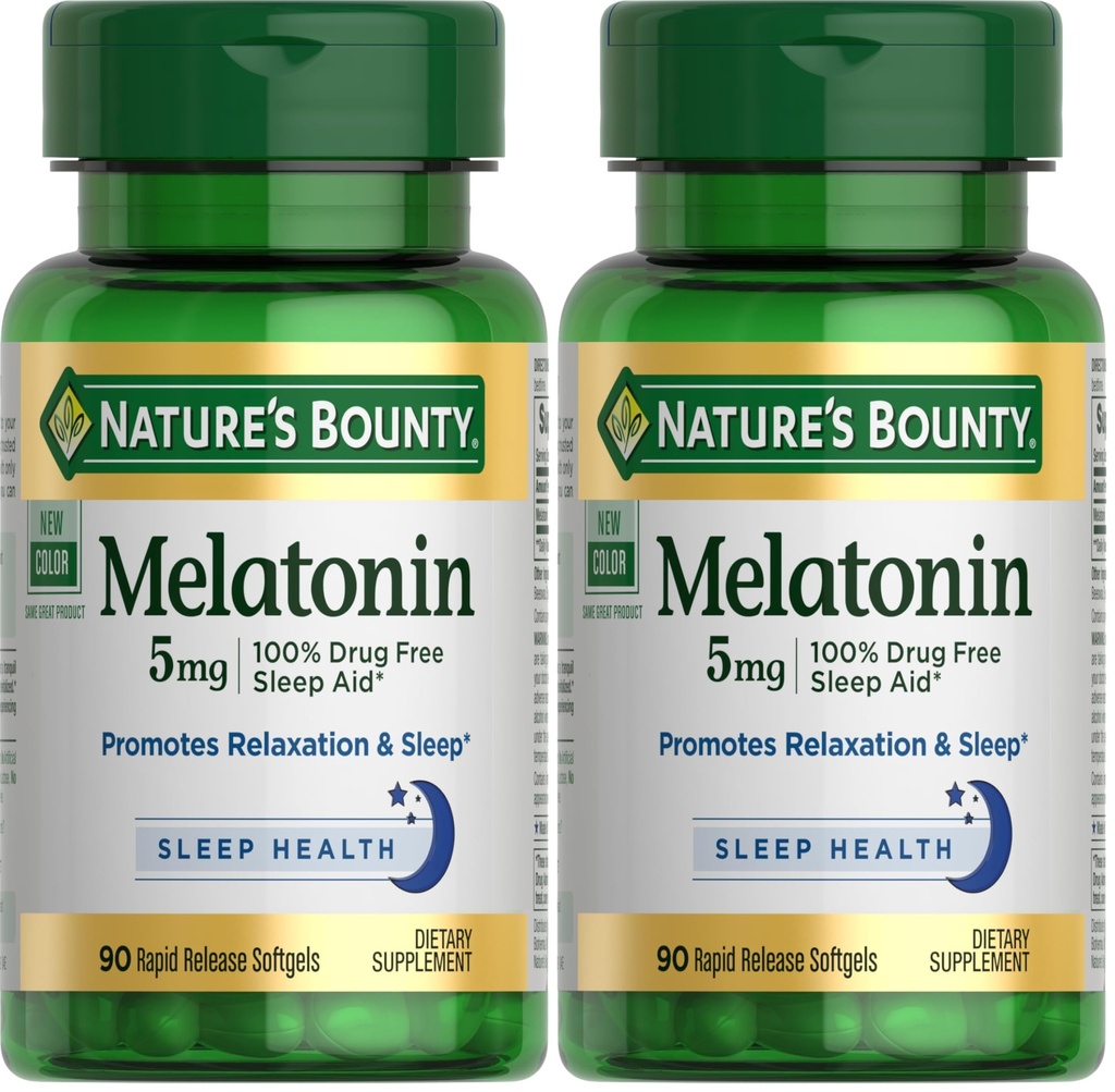 Nature's Bounty Melatonine, 100% Drug Gratis Slaaphulp, Dieetsupplement, bevordert ontspanning en slaap gezondheid, 5mg, 90 Softgels (pakket van 2)