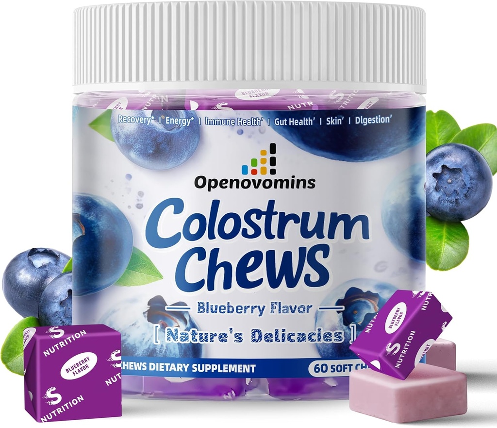 Runder Colostrum Zachte Kauwen Supplement met probiotica voor Gut Health, Bloating, Immune Support, Huid, Haargroei en Schoonheid - Blueberry Flavor (60 Servers)