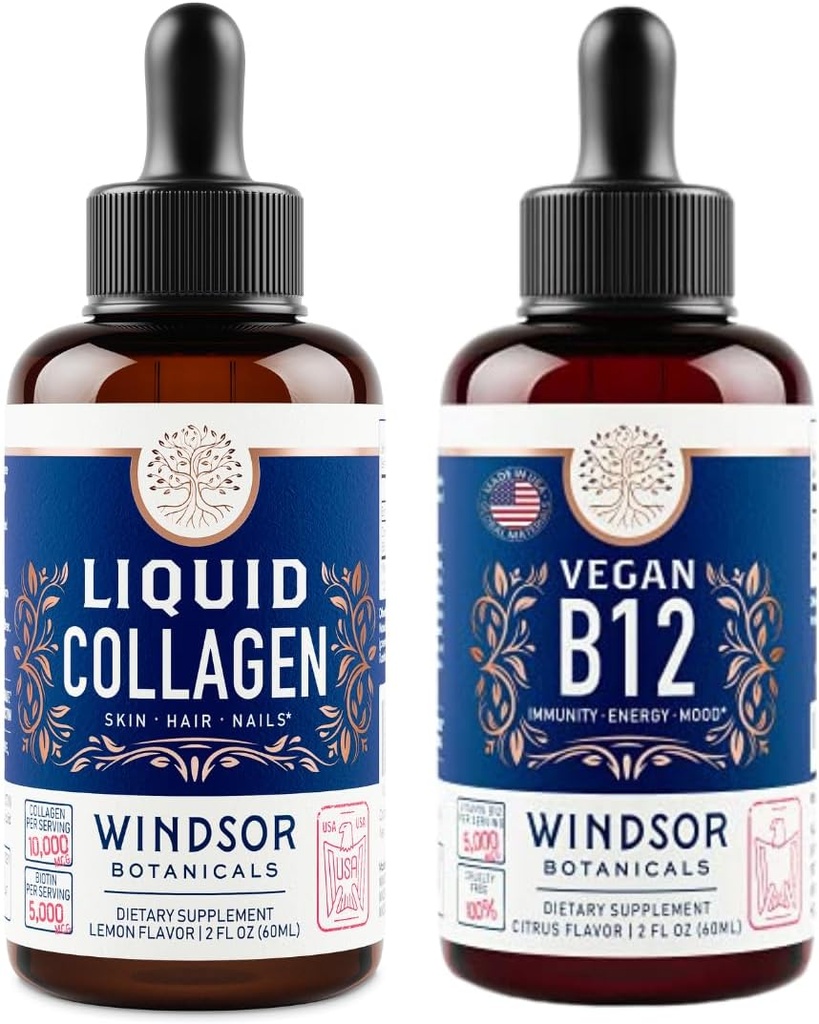 WINDSOR BOTANICA Vitamine B12 Vloeibaar en vloeibaar Collageen met Biotine - Energie en Wellness Bundle