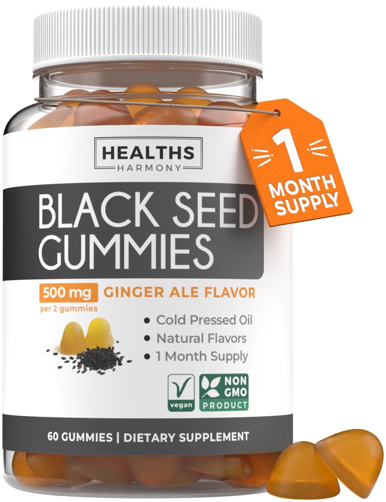 Black Seed Oil Gummies - Natural Gember Ale Flavor (Non-GMO & Vegan) Cold-Pressed Nigella Sativa Productie Pure Black Cumin Seed Oil - 500mg Per 2 Gummy Serving