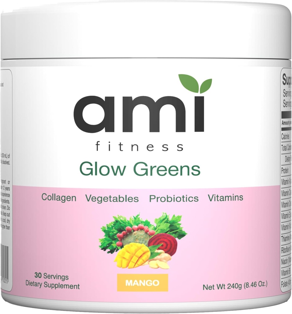 Glow Greens Poeder, Collageen met Probiotica, Vitaminen, Digestieve Enzymen, Superfoods, Gut Health, Bloating Relief, Radiant Skin, Natural Glow, Spirulina, 30 SVG, Mango