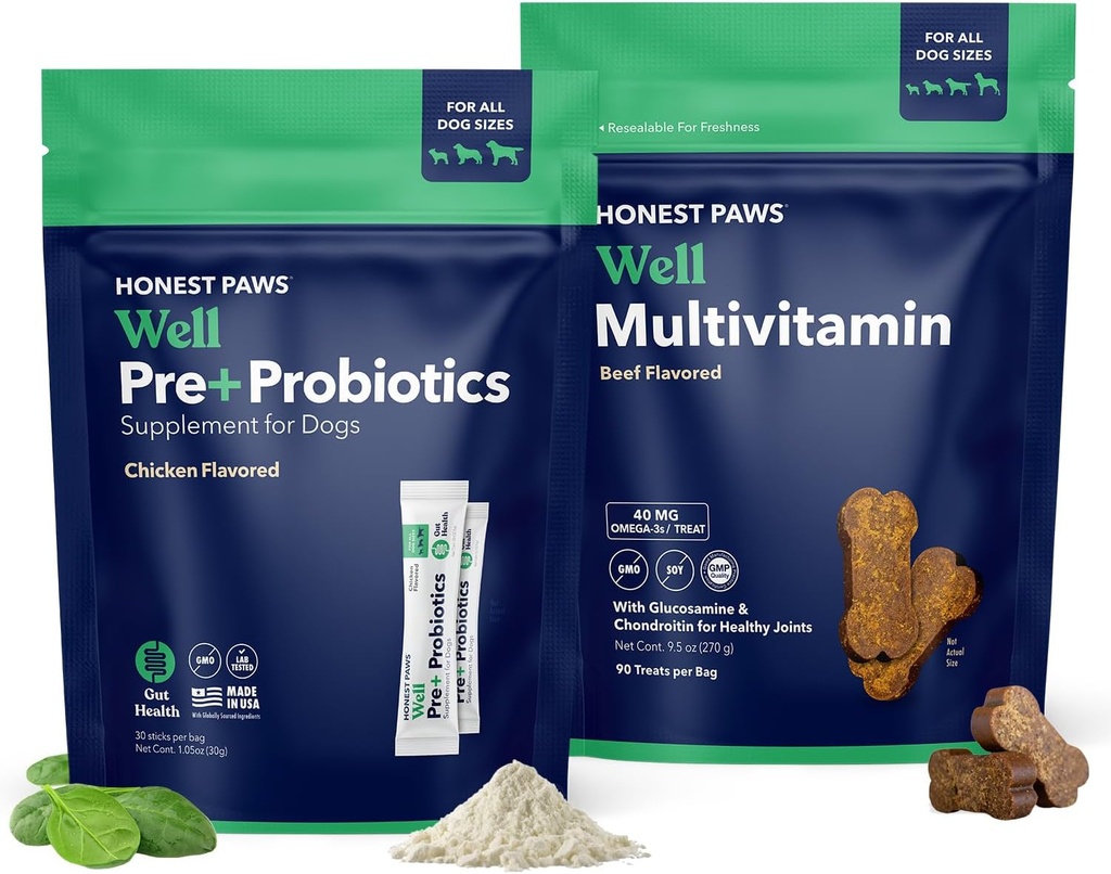 Eerlijke Paws Probiotica voor honden en honden Multivitamine - Glucosamine Chondroitin voor gezamenlijke gezondheid - Allergieën, Immuniteit, Gut Health - Digestief en huid & Coat ondersteuning