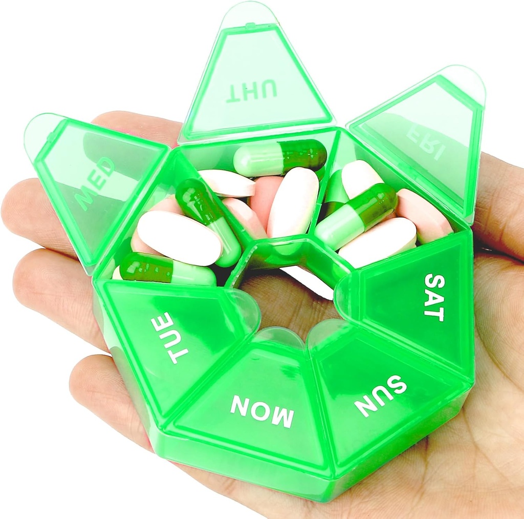 Pillen Organisator, Pill Box, Kleine pillen Case, Medicine Organizer 1 Time a Day, Weekly Medicine Organizers, Containers, Pil Daily Medicines Holder Travel Box 7 Day (Licht Groen)