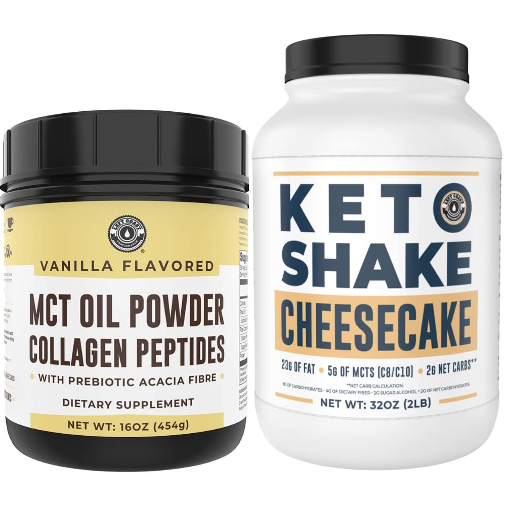 Linkerkustprestatie Keto MCT Poeder + Collageen en Keto Cheesecake Maaltijd Vervanging