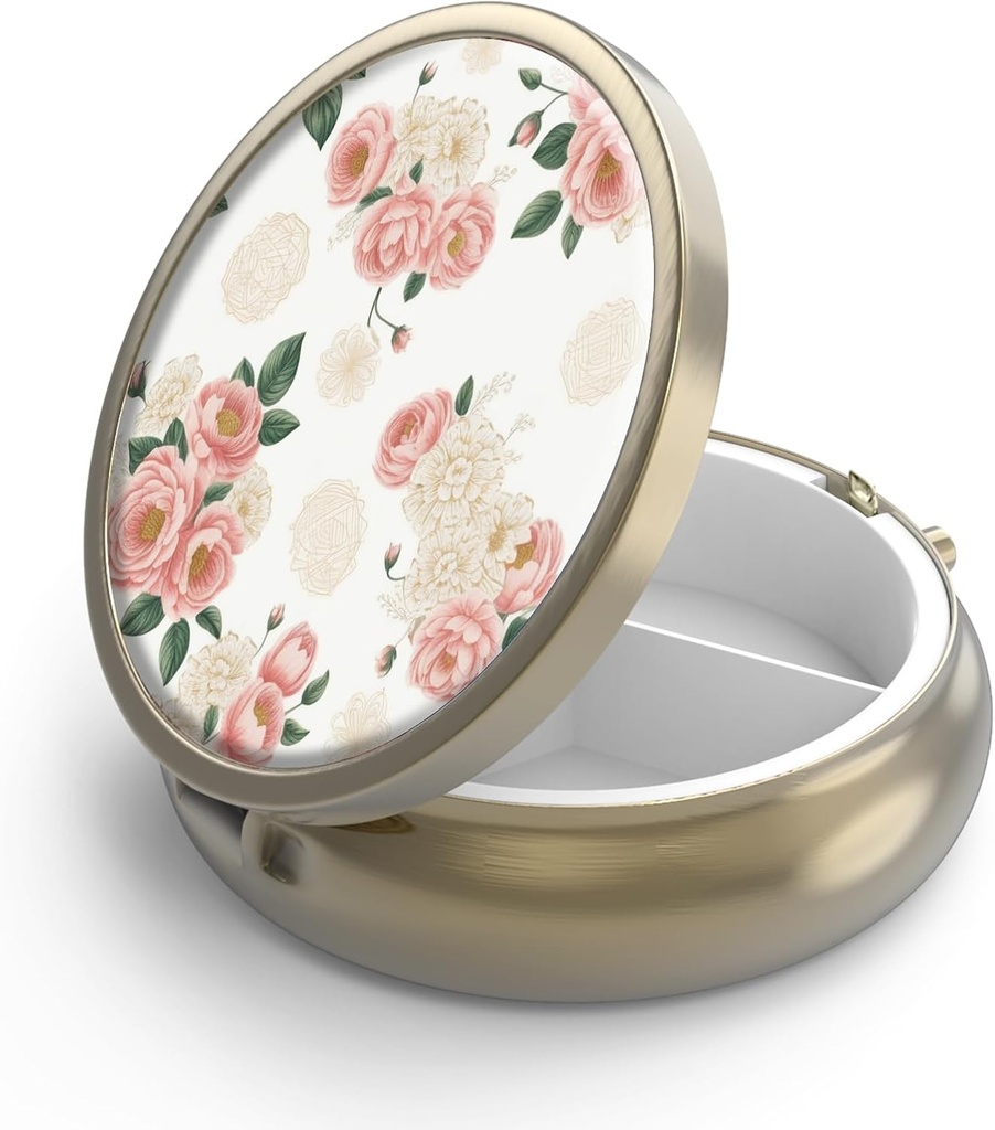 Pill Case Pill Box met Mirror Retro 3 Compartiment Kleine pil Case voor Purse of Pocket Bronze Kleine Roud pil Box of vitamines, Visolie, Supplementen, Pill Bevat reizen Gifts( Retro Pink Floral)