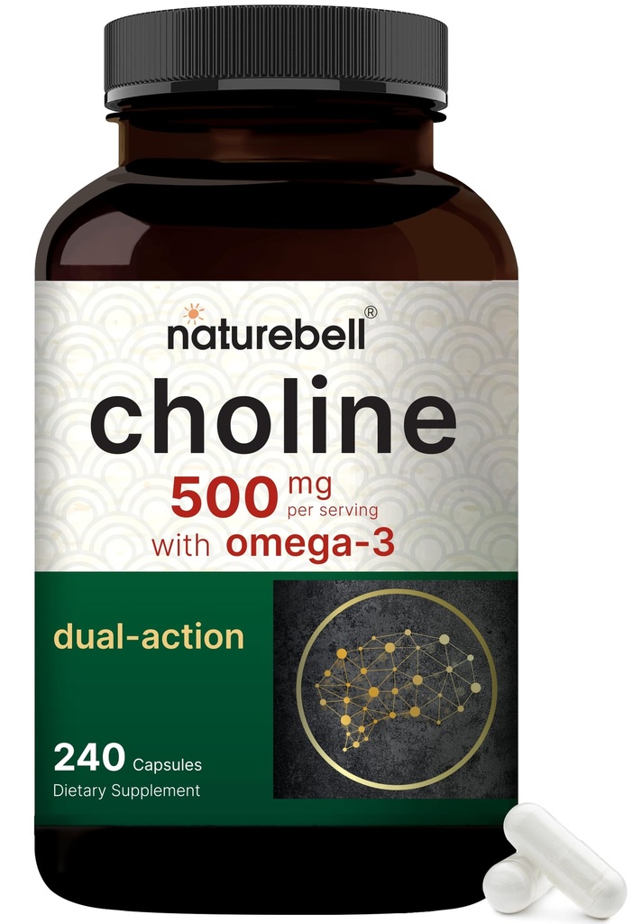 NatureBell Choline Supplementen 500mg met Omega-3 vetzuren, 240 Capsules 