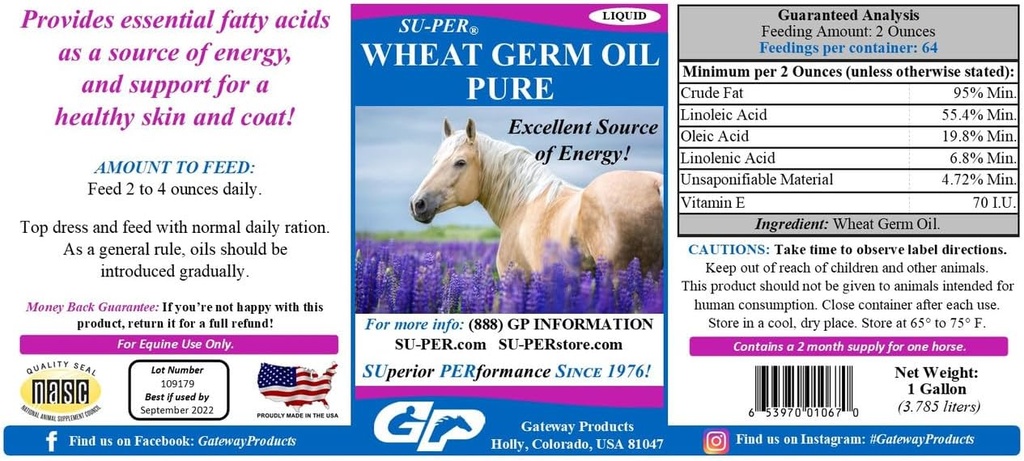 SU-PER Tarwekiemolie Zuiver voor paarden - Ondersteunt energie, duurzaamheid, uithoudingsvermogen, gezonde huid en jas - essentiële vetzuren, vitamines en mineralen - 1 gallon + pomp, 4 maanden levering