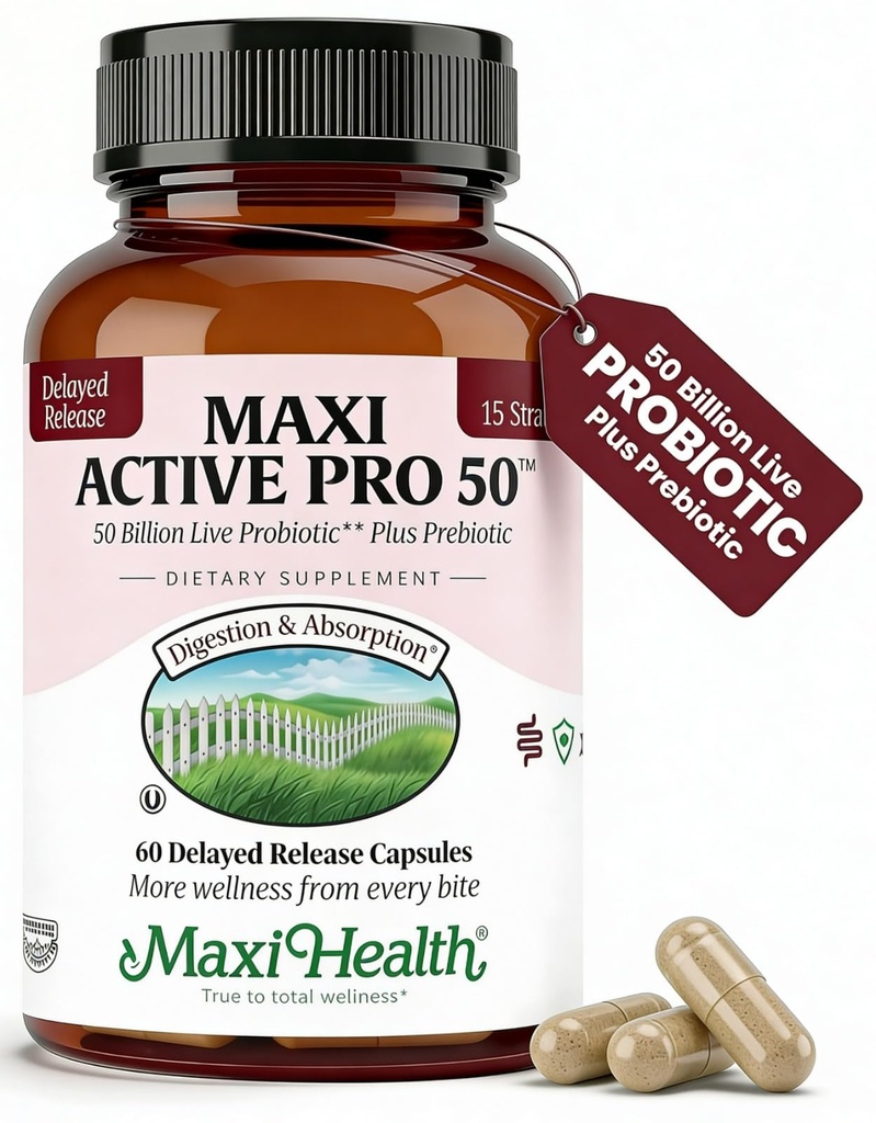 Maxi Health Probiotic Plus Ultimate Prebiotic Advanced Live Probiotics Formula - 50 Miljard Live Active Probiotic - 15 Strains - Ultra Protection - Active Pro-50-60 Tellen