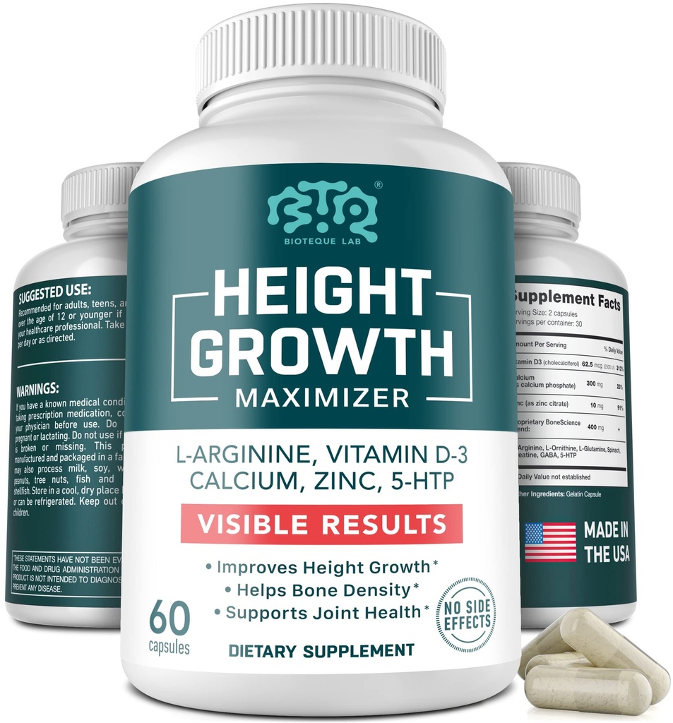 BIOTEKELAB Hoogtegroei Maximizer, Calcium, Vitamine D3 en Zink Blend Pillen, Bone Growth Supplement voor kinderen en tieners, Botsterkte, Dichtheidsondersteuning, GGO-vrij, Glutenvrije, Made in USA, 60 Caps