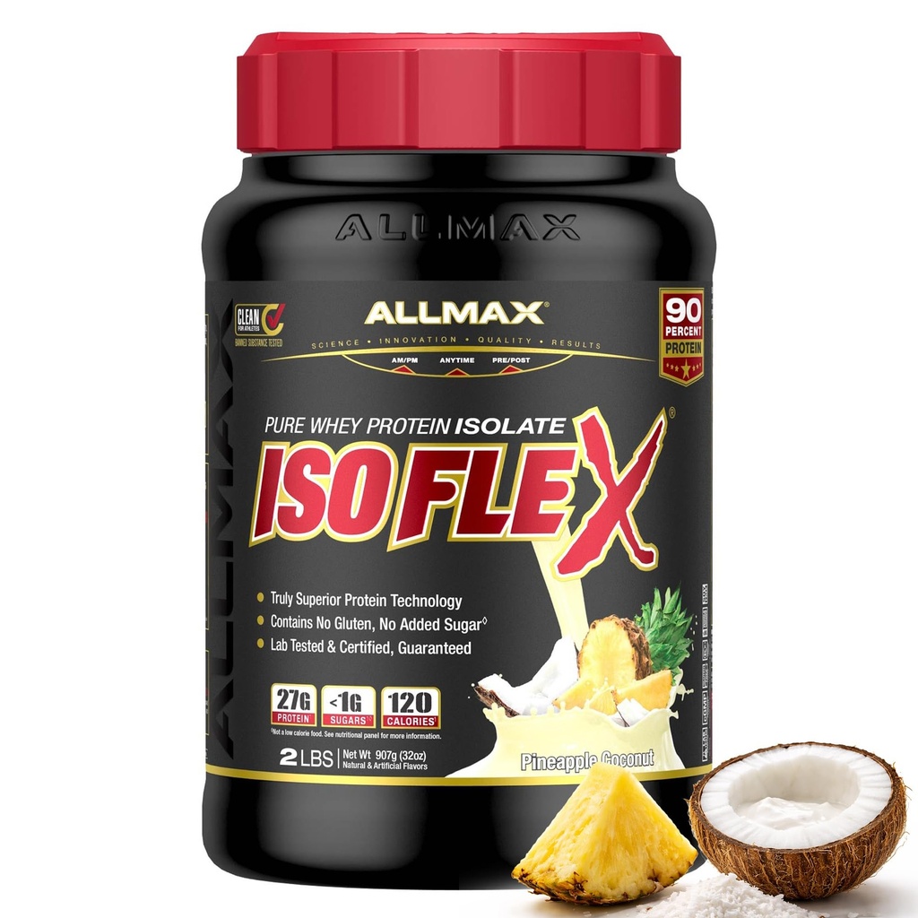 ALLMAX Nutrition ISOFLEX Wei Proteïneisolaat, Ananas Kokosnoot - 2 lb - 27 Gram Proteïne per scoop - Zero Fat & Sugar - 99% Lactosevrij - Glutenvrij en sojavrij - Geschatte 30 porties