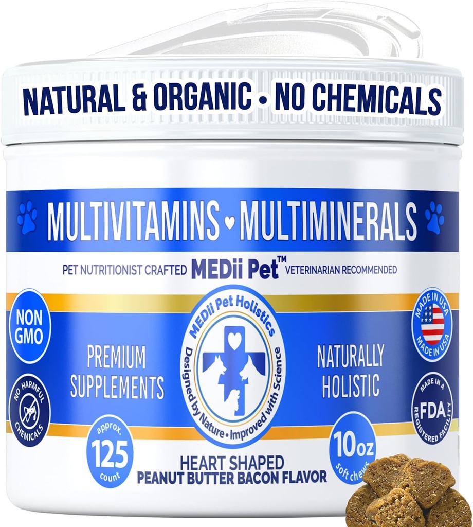 Honden Multi Vitaminen + 74 Biologische Mineralen. Super Natural Overall Health Builder: Metabolisme, hart, ogen, & gewrichten, botten. Spirulina, vitamine B1, B3, & B12,125 ct/10 oz. Lage calorieën