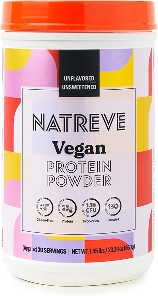 Natreve Vegan Protein Powder - 25g Plant Based Protein Powder with Probiotics and Amino Acids - Gluten Free & Unflavored, 20 Servings