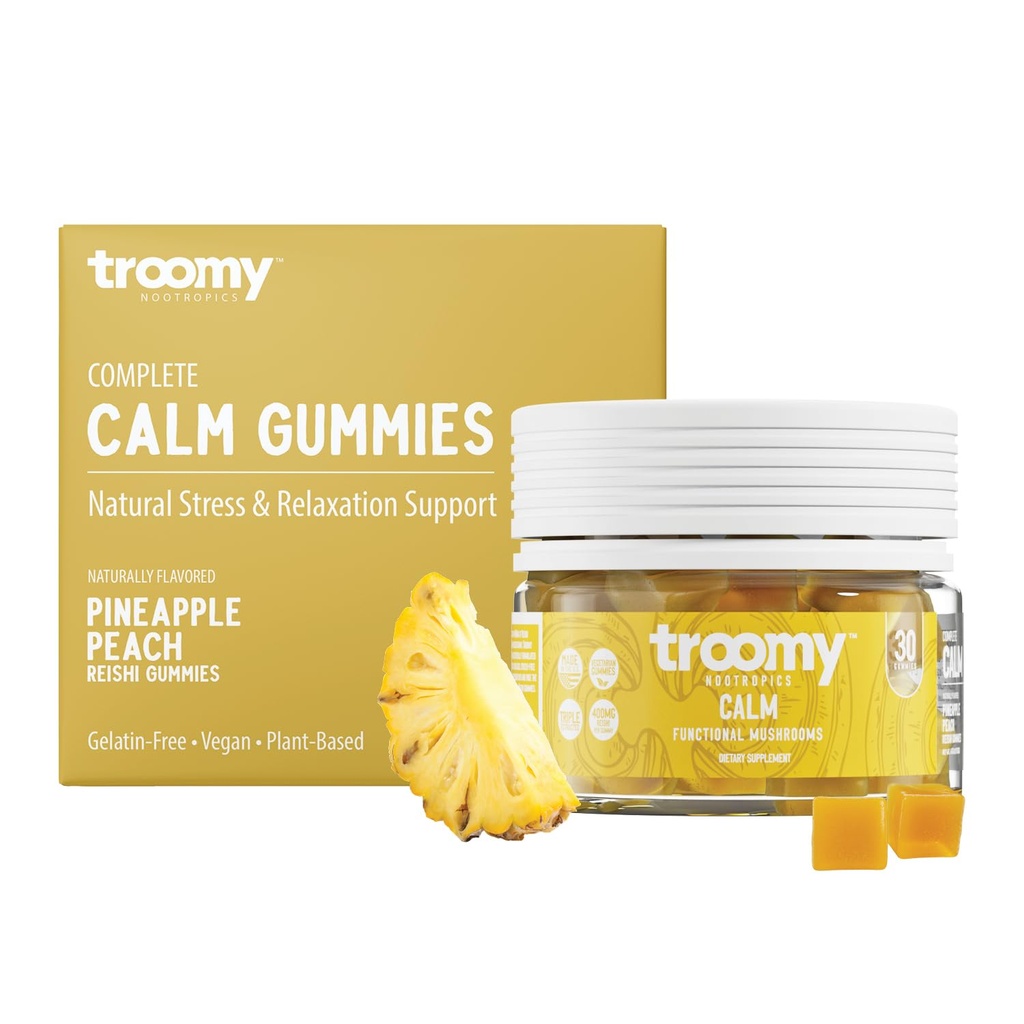 Troomy Reishi Calm Gummies Natuurlijke Ananas Peach Smaak, Gelatine-vrij, Glutenvrij, en Vegetarisch - 30 Tel.