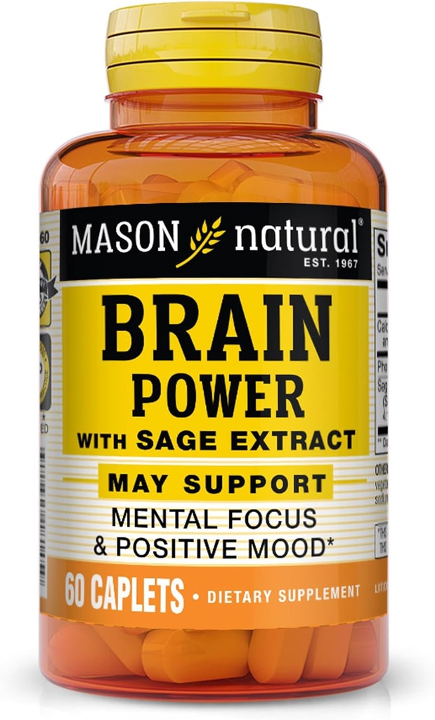 MASON NATUURLIJKE Hersenkracht met Salie Extract & Calcium, Dagelijkse Supplement voor Normale Geestelijke Focus & Mood Ondersteuning, 60 dagen Levering