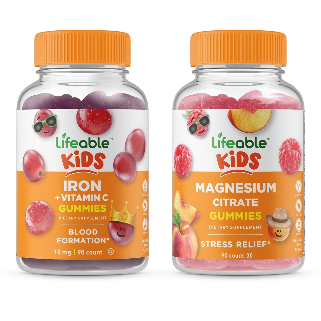 Levensvatbare Magnesium Citrate Kids + Iron & Vitamin C Kids, Gummies Bundle - Grote Proeverij, Vitamine Supplement, Glutenvrij, GGO-vrij, Kauwbare Gummy