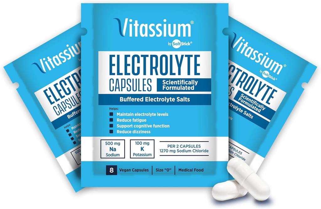Vitassiumcapsules, elektrolyten voor dieetbehandeling van POTS-syndroomsymptomen (500 mg natrium - 100 mg kalium), 240 gebufferde zoutcapsules