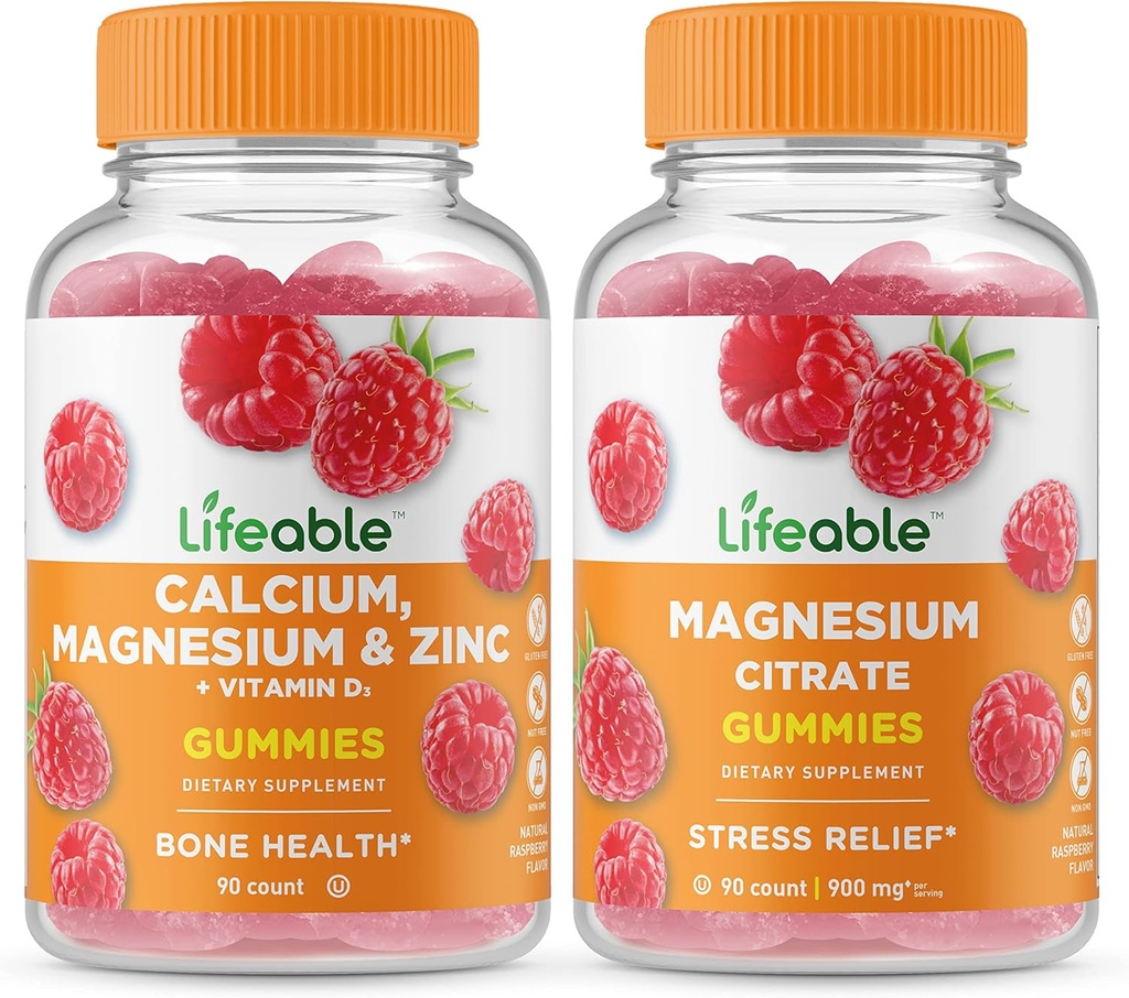 Lifeable Calcium, Magnesium, Zinc & Vitamin D + Magnesium, Gummies Bundle - Great Tasting, Vitamin Supplement, Gluten Free, GMO Free, Chewable Gummy