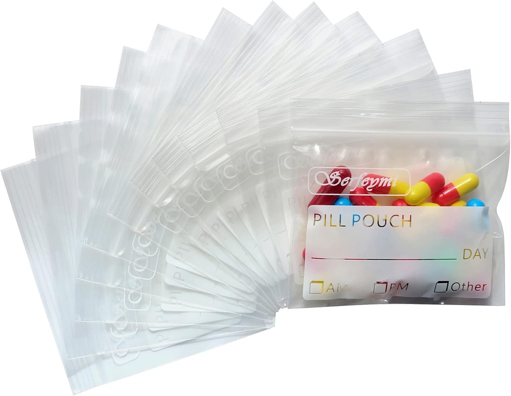 Serfeymi Pill Bags for Travel Pill Pouch Organizer Pack van 540 BPA Gratis 3 x 2,75 inch Herbruikbare Pill Zakken voor Geneeskunde met Schrijf op Label & Zipper Seal Waterdichte AM PM Pill Baggies voor Supplementen