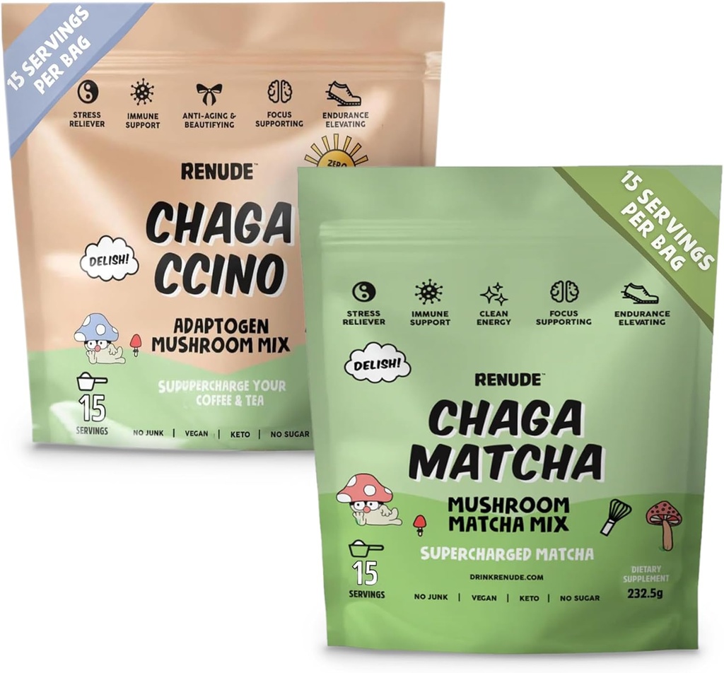 Renude Chaga Matcha en Chagaccino - Chaga Mushroom Powder for Coffee and Matcha, Mushroom Drink Mix with Adaptogens, Natural Energy and Immune Support, Vegan, Keto - 15 Serves Each