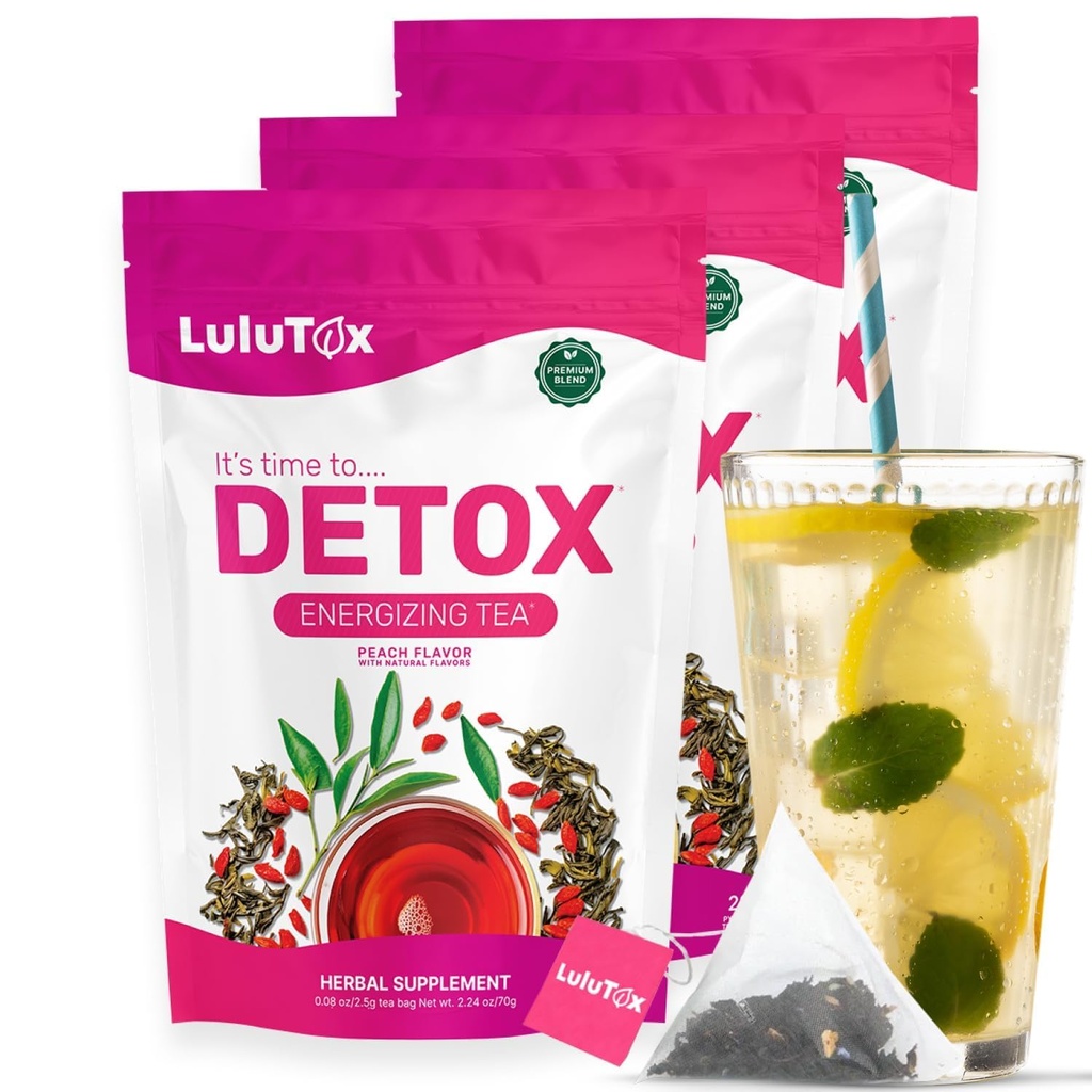 LULUTOX Detox Thee - Herbal Blend met Dandelion, Ginseng en Ginger - Ondersteunt een gezond gewicht, Digestieve Gezondheid - Veganistisch, Alle Natuurlijke, Laxative-Free - Perzik smaak (3 Pack x 28 Servers)