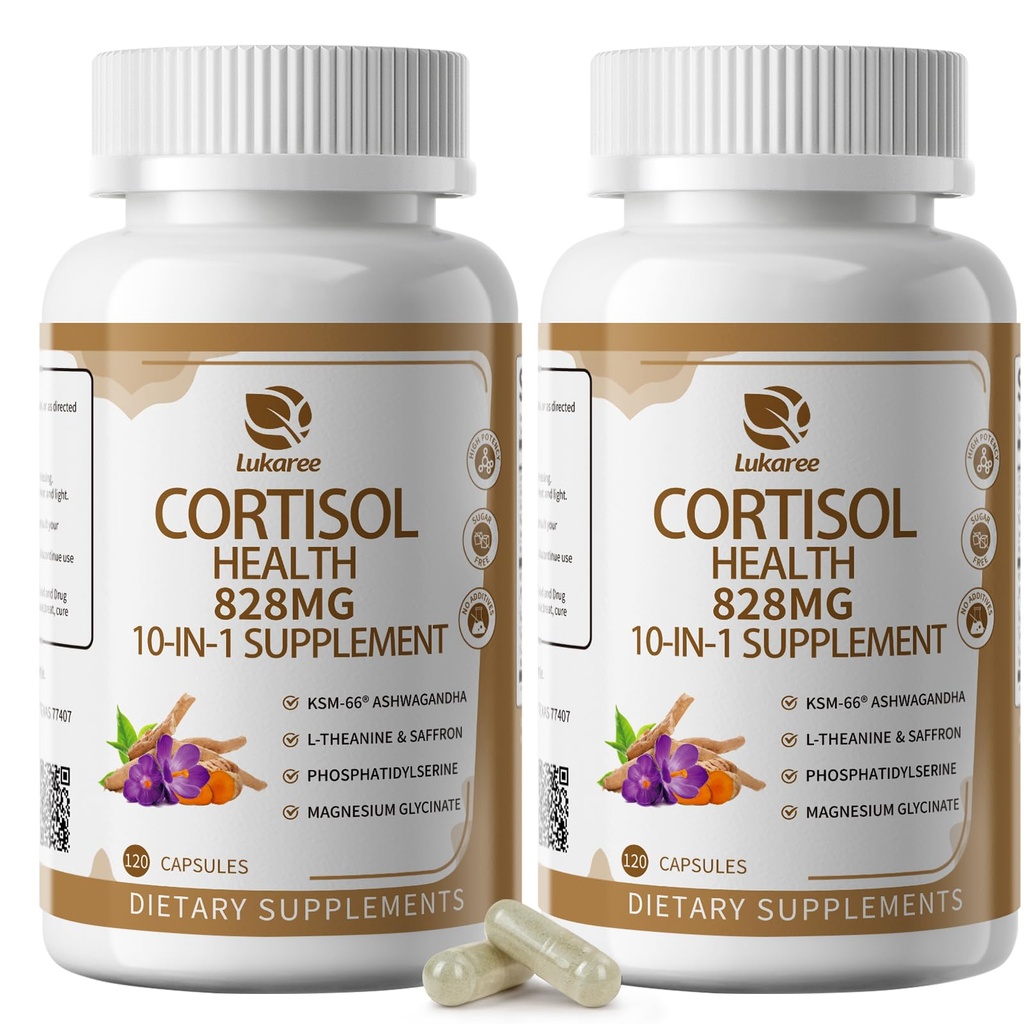 10-IN-1 Cortisol Supplementen met Magnesium, Ashwagandha, kamille, L-Theanine, Fosfatidylserine, Sint-Janskruid, Astragalus, Vitamine C & D3, Voor Vrouwen Mannen, 240 Vegan Capsules gedurende 4 maanden, Non-GMO