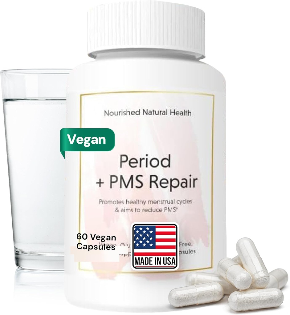 Gevoede periode + PMS Repareren - Menstruele Cycle Ondersteuning Supplement voor vrouwen - Veganistische formule voor maandelijkse cycli, Krampen, Mood, Hoofdpijn - 60 Capsules