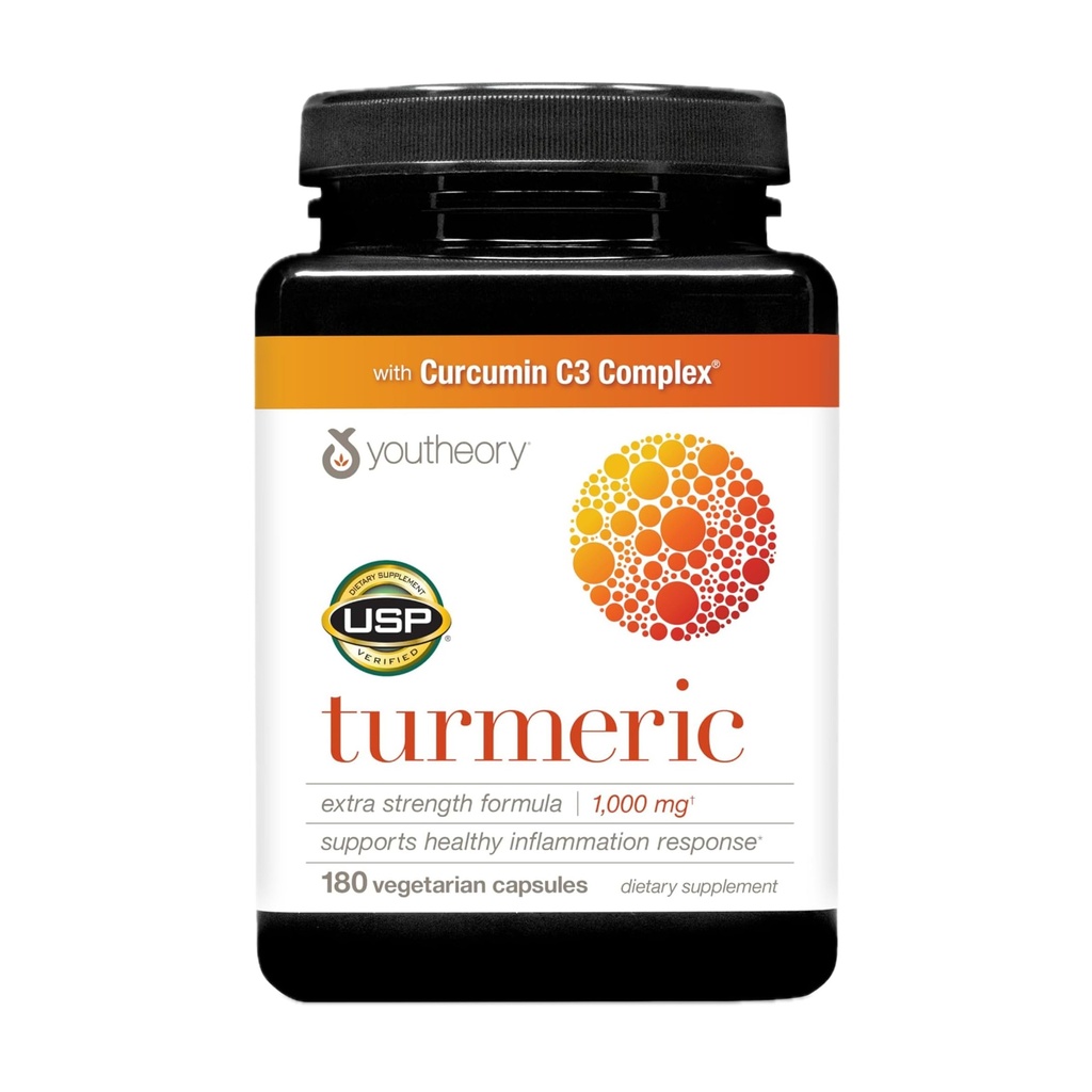 Youtheory Turmeric Extra Strength - 1000 mg Kurkuma supplement - met 10 mg zwarte peper - Curcuma Joint Support* - soja, zuivel en glutenvrij - 180 vegetarische capsules