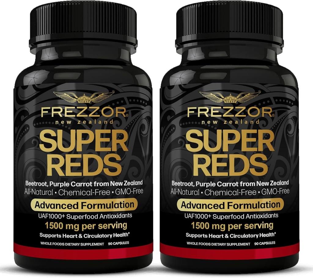 FREZZOR Super Reds Capsules met UAF1000+, All-Natural Nieuw-Zeeland Red Superfood Energy, Essential Red Fruits Veggies & Beet, Antioxidanten, Enzymen, Energiesupplementen, 180 Capsules, 2 Flessen