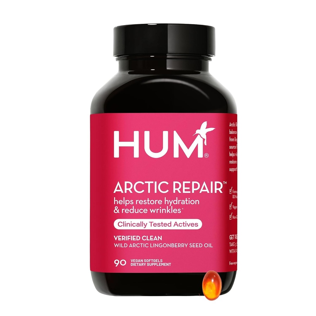 HUM Arctic Repair Clear Skin Supplement met Omega 3, Vitamine E, A en Lingonberry Seed Oil, huid reparatie met Omega 3 6 9 om te helpen het uiterlijk van rimpels & Hydrate, 90 Vegan Softgels ondersteunen