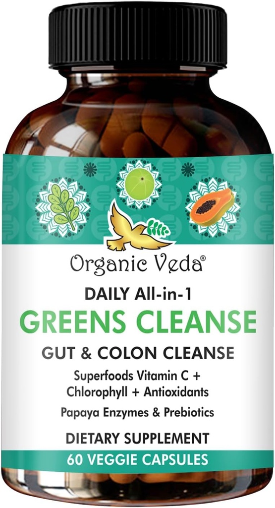 Super Greens Total Gut Health, Digestie & Colon Cleanse Supplement - All in One Biologische superfoods, Kurkuma, Papaya, Chlorofyll, Moringa, Psyllium Husk, Triphala, Digestieve Enzymen 60 Capsules