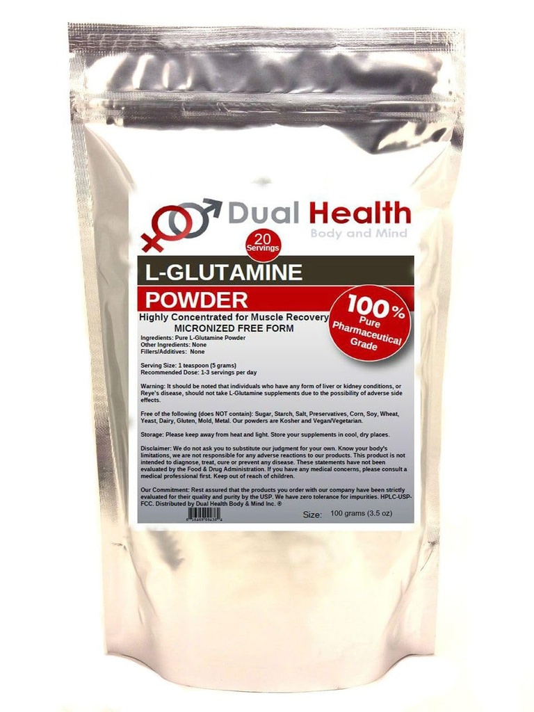 L-Glutamine (100 Gram -3,5 oz) Pure Powder 5000mg Free Form Bulk Supplementen, Made in USA, Immune Digestie GI Ondersteuning Leaky Gut Health Muscle Energy Uithoudingsvermogen