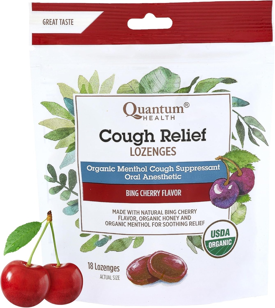 Quantum Health USDA Biologische Cough Drops Menthol & Honey Throat Lozenges - Soothing Bing Cherry Flavored Suppressant - Droge mond & Sore Throat Relief voor volwassenen & Kids - 18 Tel.