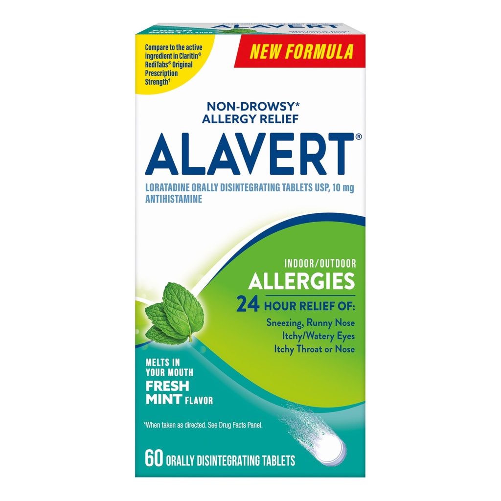 Alavert Allergie 24 uur Relief, Fresh Mint smaak, Orally Desintegring Allergie Tablets, Non-drowsy Antihistamine, Loratadine 10mg, 60 Tellen