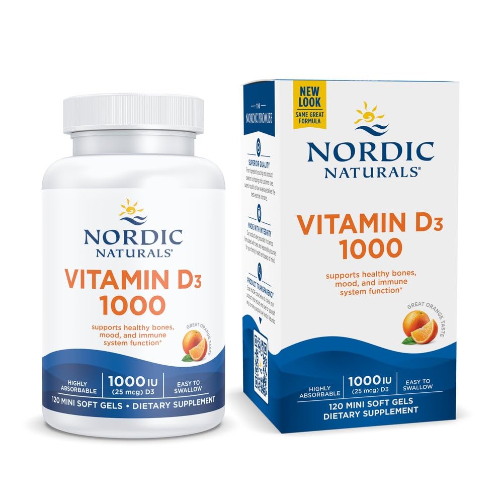 Nordic Naturals Vitamine D3 1000, Oranje - 120 Mini Zachte Gels - 1000 IU Vitamine D3 - Ondersteunt gezonde botten, Mood & Immuun Systeem Functie - Non-GMO - 120 Servers
