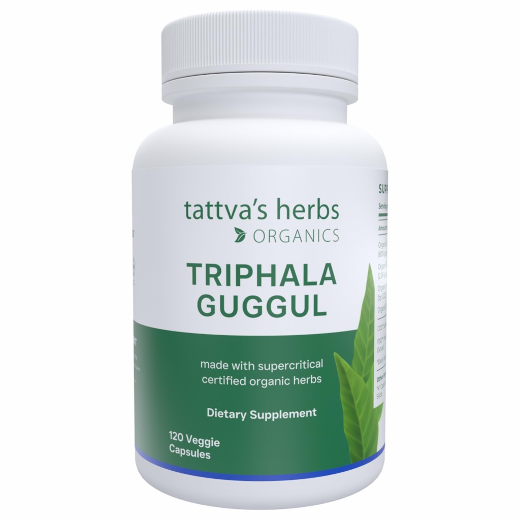 Tattva's kruiden Triphala Guggul Herbal Supplement, Ayurveda Kruidensupplementen, Digestieve Gezondheid en Ondersteuning, Biologische Triphala Capsules, 120 Telling, 25 Jaar Premium Service