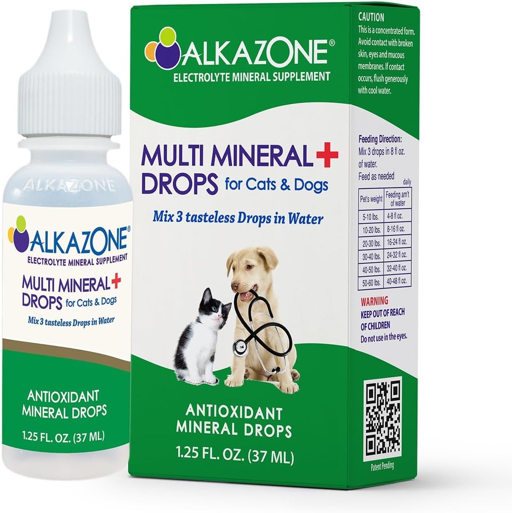 Alkazon Alkaline Multi Mineral Drops voor katten en honden - Dieren zijn van nature ontworpen om meer Alkaline dan zuur te zijn. Hun lichamen kunnen profiteren van het gebruik van Alkaline Water voor Huisdieren met mineralen