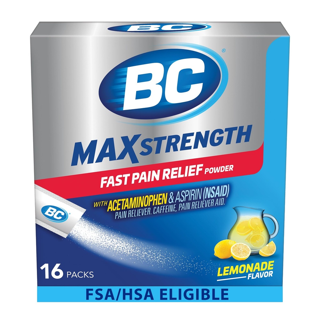 BC MAX Sterkte Snelle pijnverlichting Poeder, Limonade smaak Aspirine 500 mg en Acetaminophen 500 mg Oplossen Packs, 16 Tellen