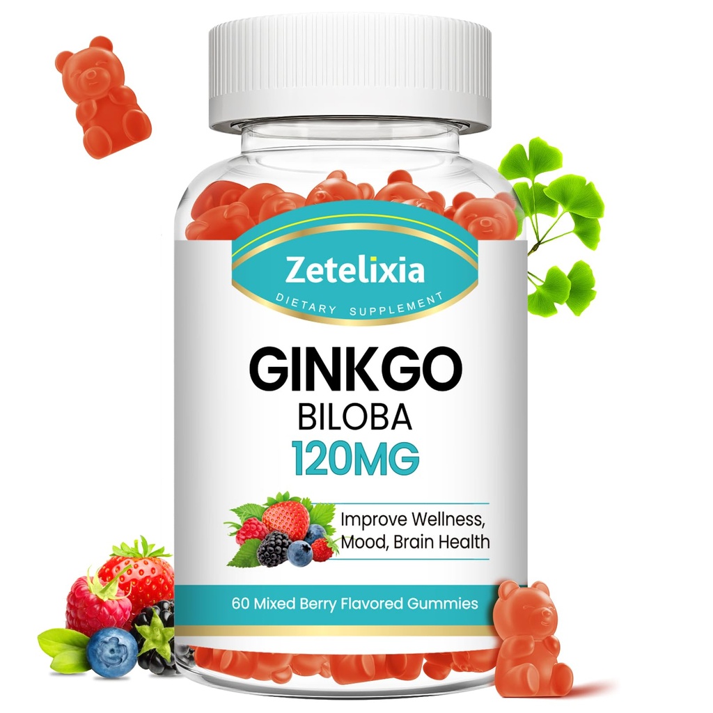 Ginkgo Biloba Gummies voor vrouwen en mannen, Hersensupplement verbeteren Betere Mood en Focus, Vegan gemengde Berry smaak 60 Tel