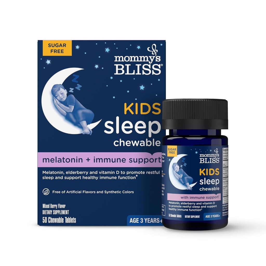 Mama's Bliss Kids Slaap + Immuniteit 1 mg Melatonine kauwbaar, Bevat Magnesium, Vlierbes en Vitamine D, Suikervrij, 3 jaar +, 1 Fles (50 tabletten)