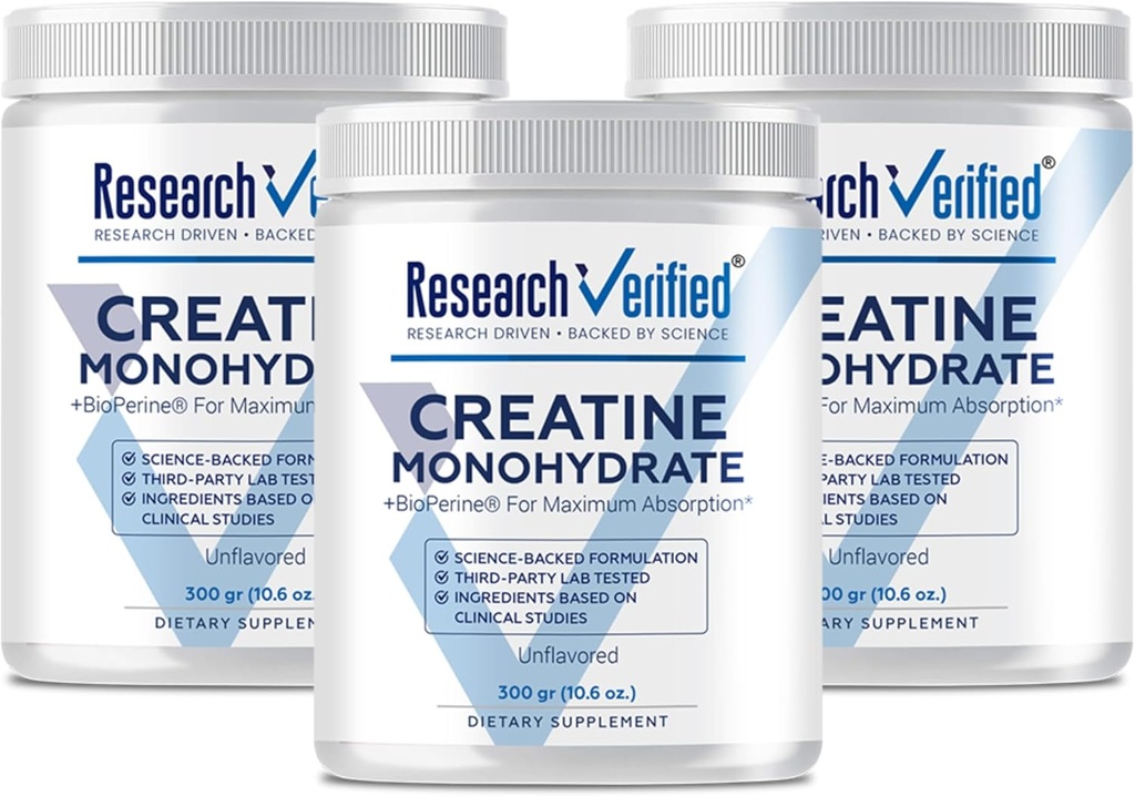 Onderzoek Geverifieerd Creatine Monohydraat - Ondersteuning Optimale Spiergroei, Verbeteren Performance - 5000mg Creatine Monohydraat - BioPerine - 180 Servers - Unflavored - Vegan