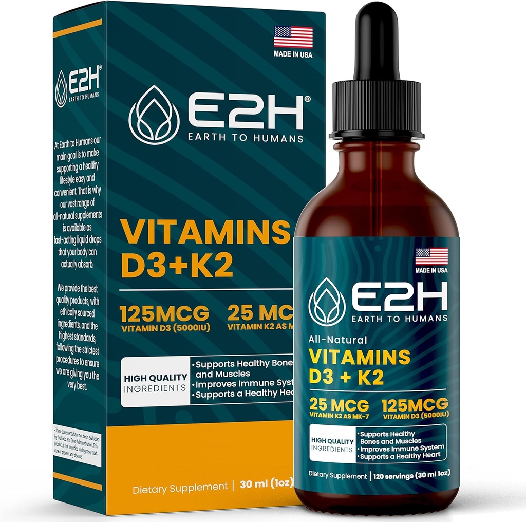 E2H Vitamins D3 & K2 Supplement for Immune Support - Liquid Vitamin D3 5000 IU - Made in The USA - Non-GMO, Vegan - 120 Servings