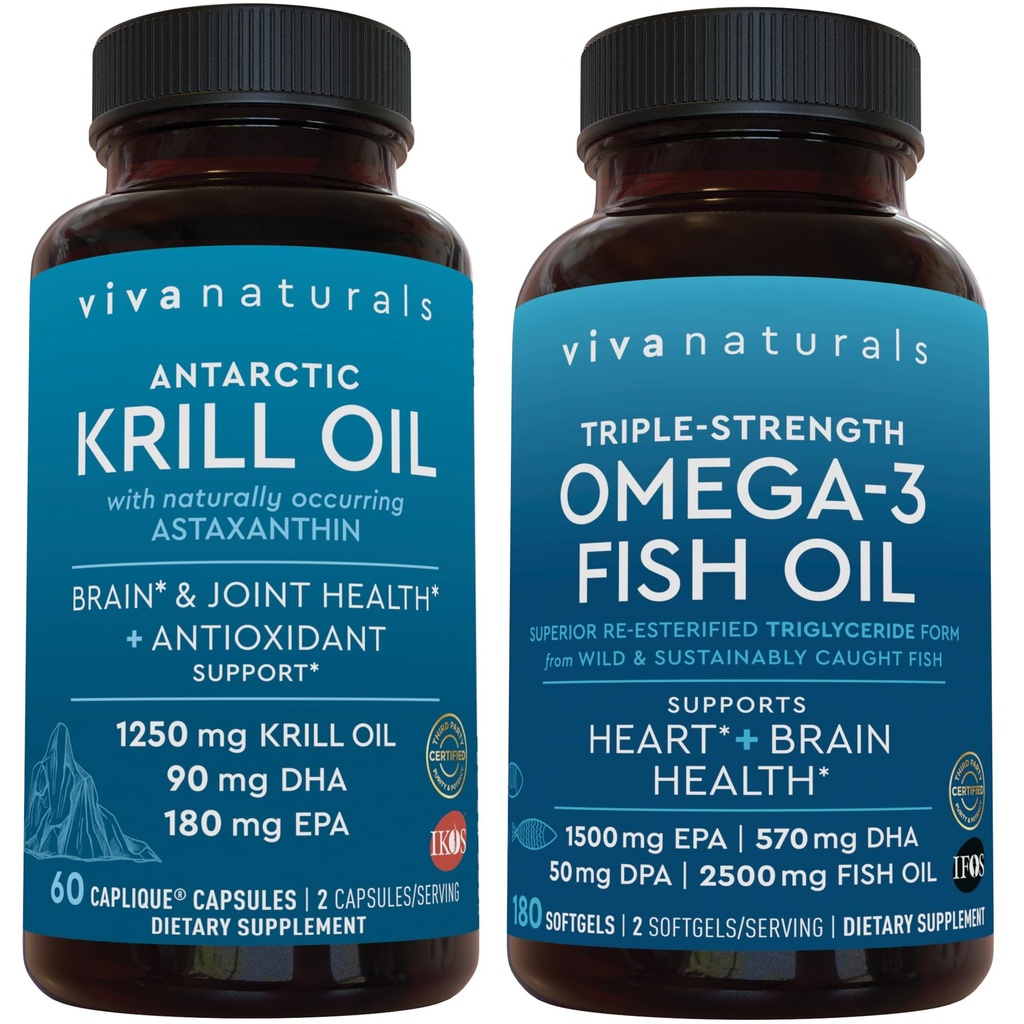 Antarctica Krill Oil and Triple-Strength Omega 3 Fish Oil Bundle, 1250 mg Krill Oil & 2.200 mg Fish Oil Per Serving Providing Omega 3 EPA and DHA