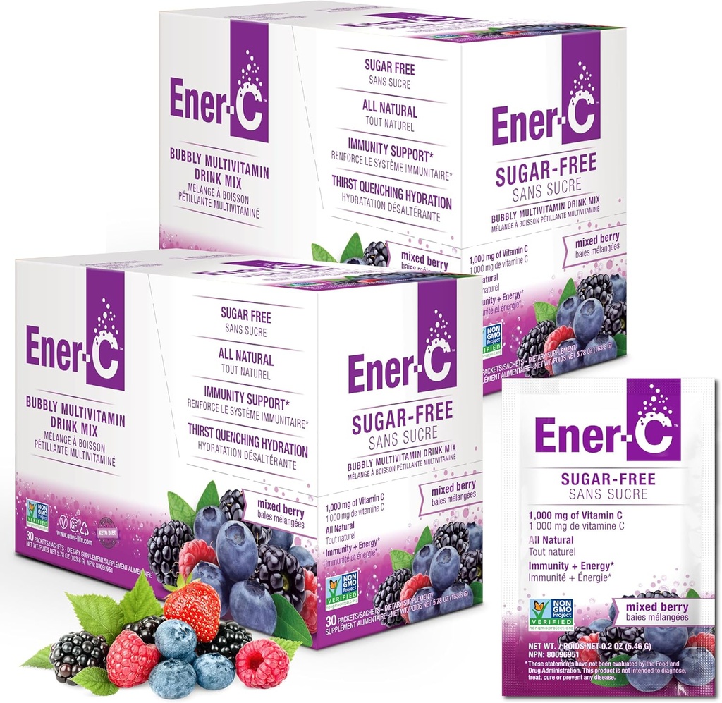Ener-C Suikervrije Multivitamine Drinkmix - Vitamine Poeder voor Water, Elektrolyten Poeder Geen Suiker, Hydratatie Boost Packets, Zero Sugar, Vitamine C & B12 Supplement Liquid Mix - Gemengde Berry, 60 Tellen