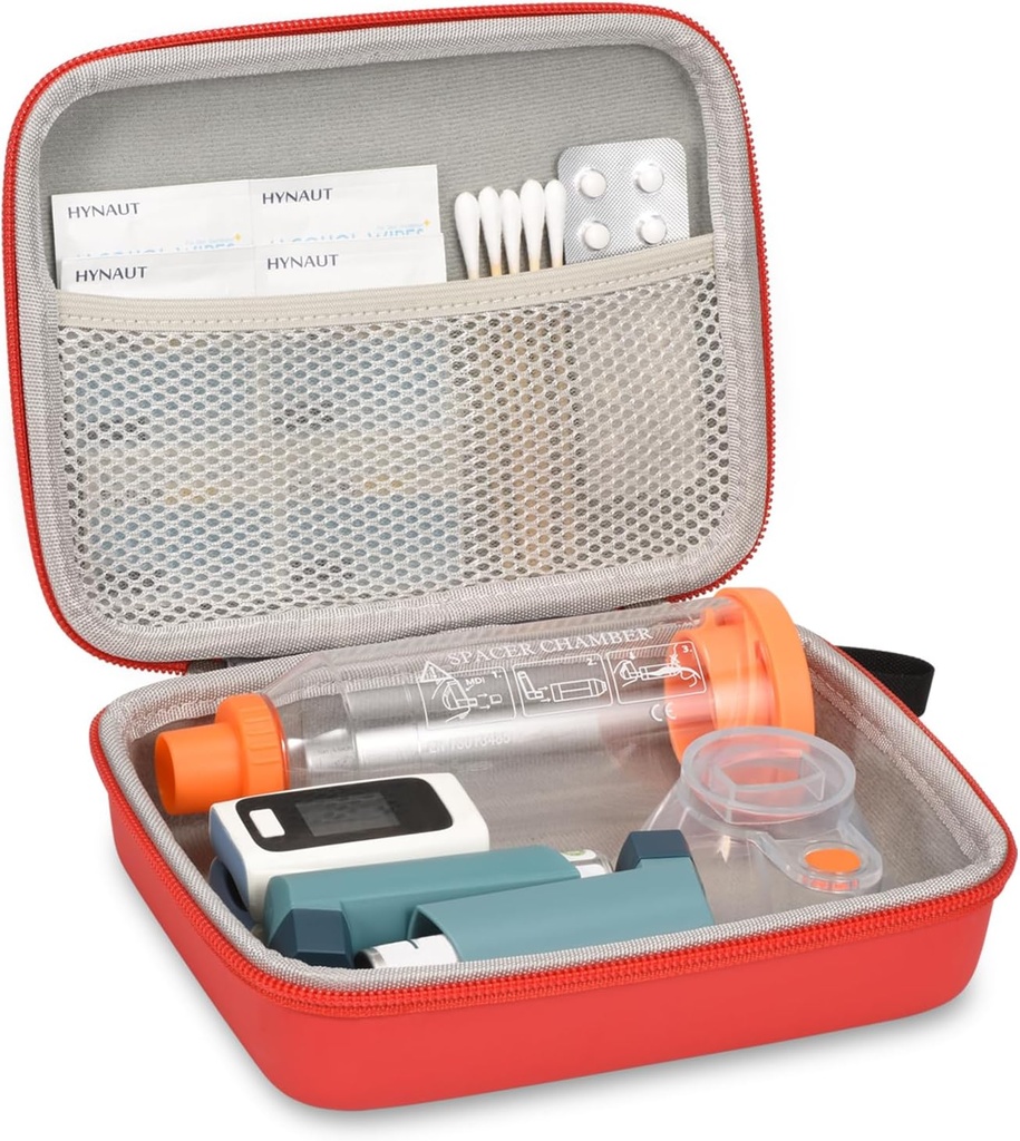 Hard Travel Case voor Astma Inhalator en accessoires, met Mesh Pocket voor Geneeskunde, Rood