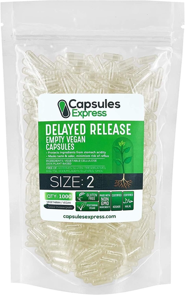 XPRS Nutra Delayed Release Size 2 Empty Capsules - 1000 Count Clear Empty Vegan Capsules - Vegetarian Pills - DIY Vegetable Capsule Filling - Fillable Veggie Gel Caps for Do-It-Yourself Supplements
