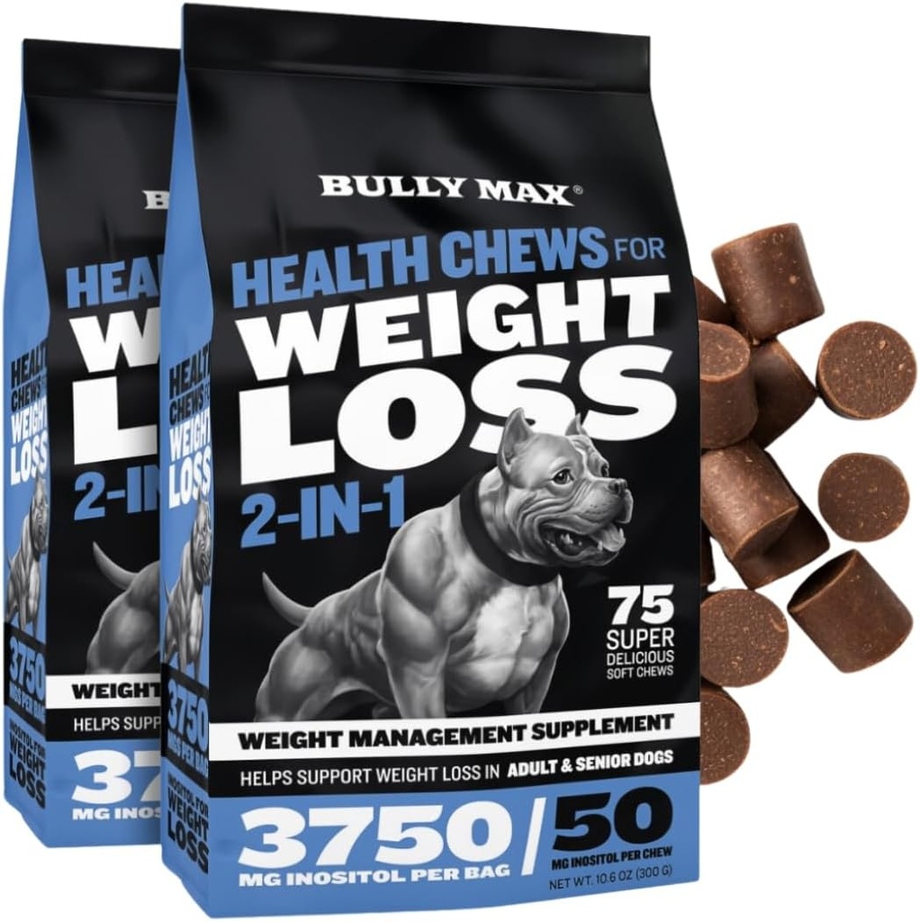 Bully Max 2-in-1 Hondengezondheid Kauwen voor gewicht en Wellness . . Zachte Kauwen voor volwassen en senior honden . . Ondersteunt spijsvertering, energie, & gezond Lichaamsgewicht . . 2 Packs (75ct Elk Pack)